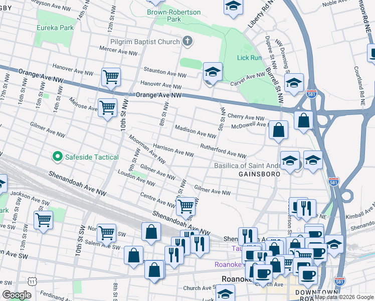 map of restaurants, bars, coffee shops, grocery stores, and more near 535 Harrison Avenue Northwest in Roanoke