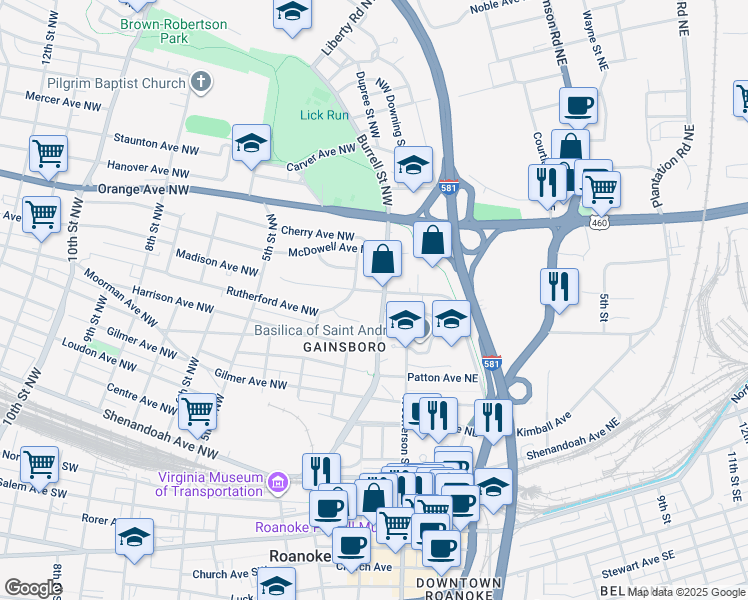 map of restaurants, bars, coffee shops, grocery stores, and more near 206 Madison Avenue Northwest in Roanoke