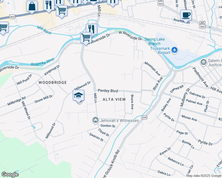 map of restaurants, bars, coffee shops, grocery stores, and more near 1431 Penley Boulevard in Salem