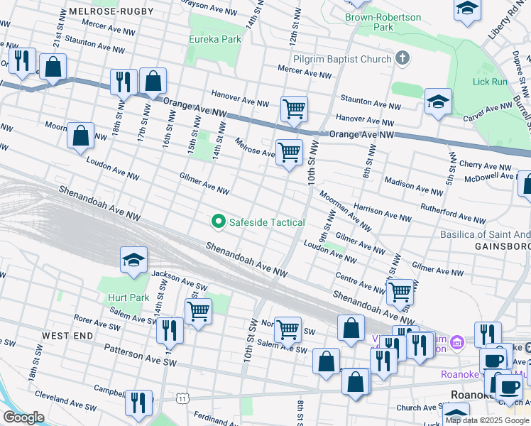 map of restaurants, bars, coffee shops, grocery stores, and more near 1118 Gilmer Ave NW in Roanoke