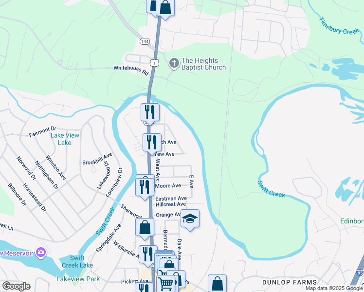 map of restaurants, bars, coffee shops, grocery stores, and more near 3605 Spruce Avenue in Colonial Heights