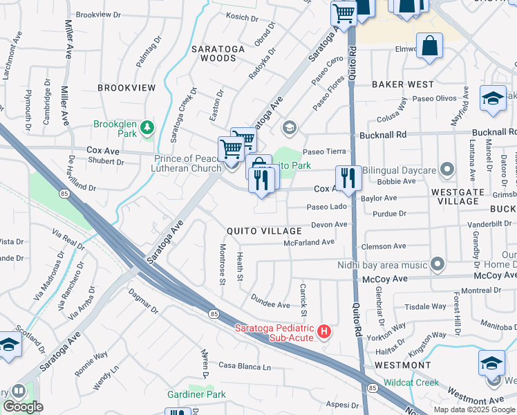 map of restaurants, bars, coffee shops, grocery stores, and more near Redwood Trail in Saratoga