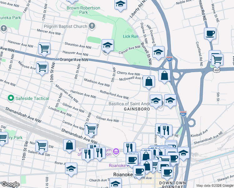 map of restaurants, bars, coffee shops, grocery stores, and more near in Roanoke