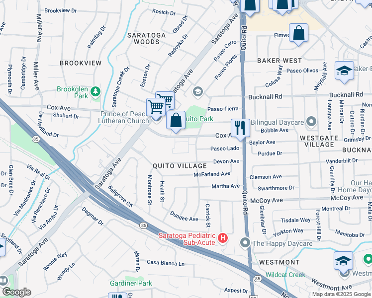 map of restaurants, bars, coffee shops, grocery stores, and more near 11040 Maple Place in Saratoga