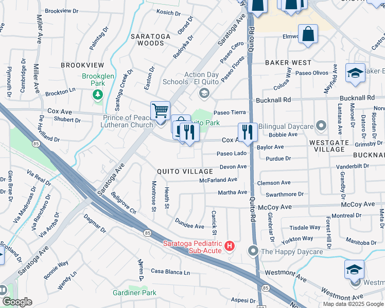 map of restaurants, bars, coffee shops, grocery stores, and more near 11050 Maple Place in Saratoga