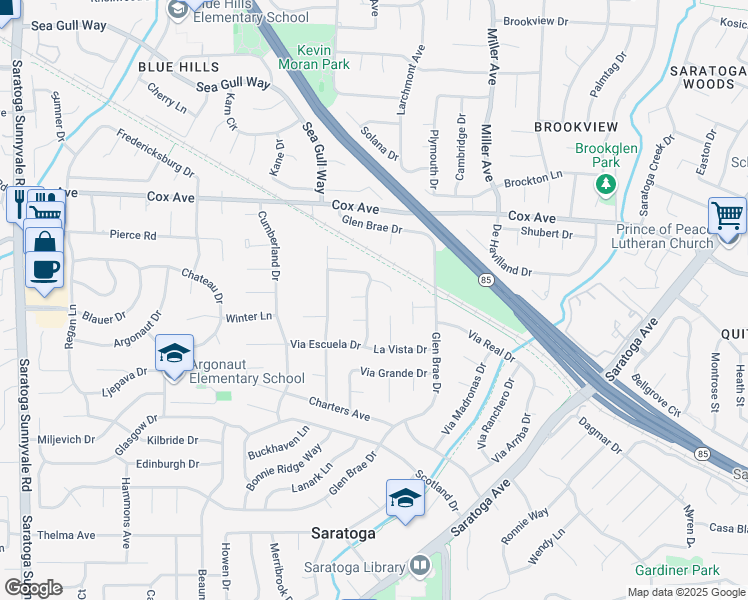 map of restaurants, bars, coffee shops, grocery stores, and more near 13040 La Vista Drive in Saratoga