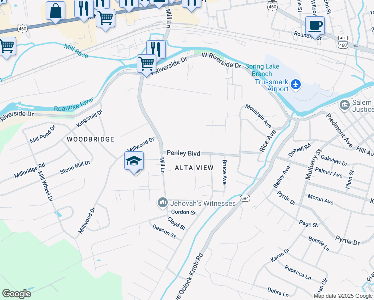 map of restaurants, bars, coffee shops, grocery stores, and more near 1445 Penley Boulevard in Salem