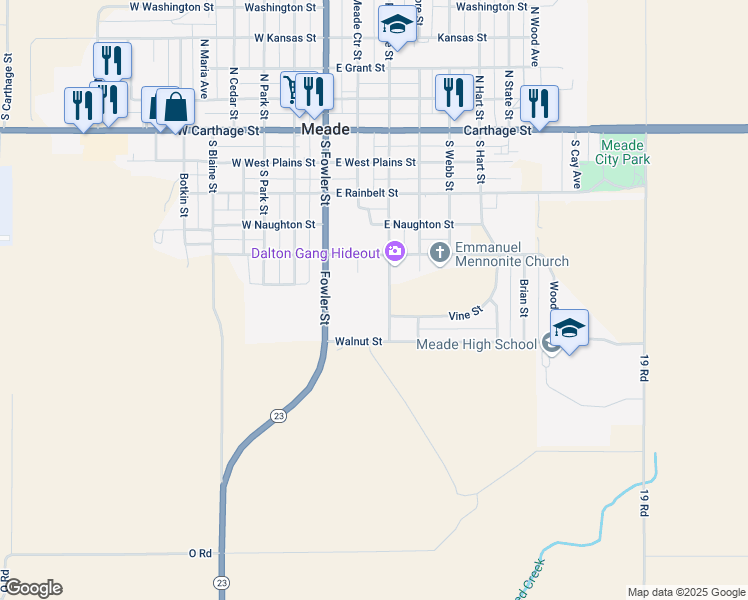 map of restaurants, bars, coffee shops, grocery stores, and more near 611 South Pearlette Street in Meade