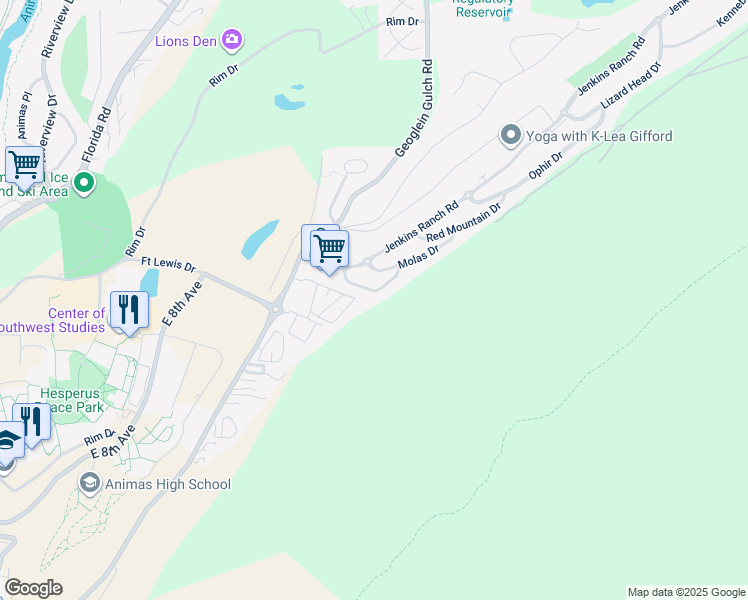 map of restaurants, bars, coffee shops, grocery stores, and more near 1100 Goeglein Gulch in Durango