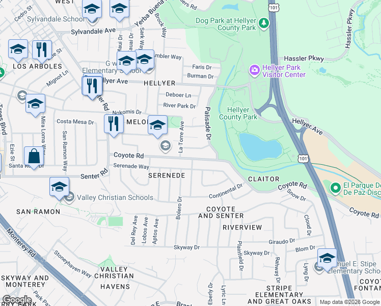 map of restaurants, bars, coffee shops, grocery stores, and more near 599 Coyote Road in San Jose