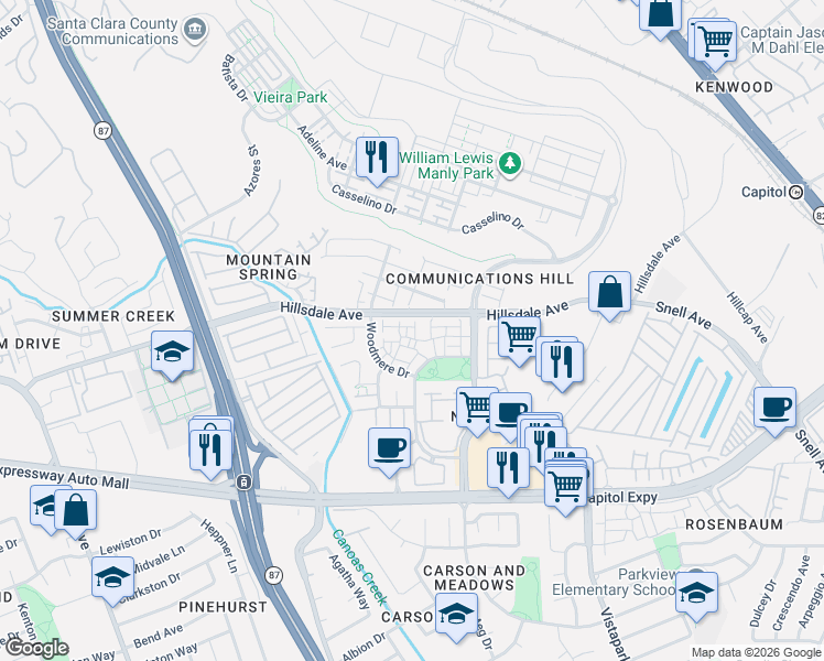 map of restaurants, bars, coffee shops, grocery stores, and more near 343 Alana Drive in San Jose