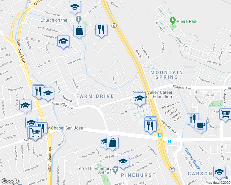map of restaurants, bars, coffee shops, grocery stores, and more near in San Jose