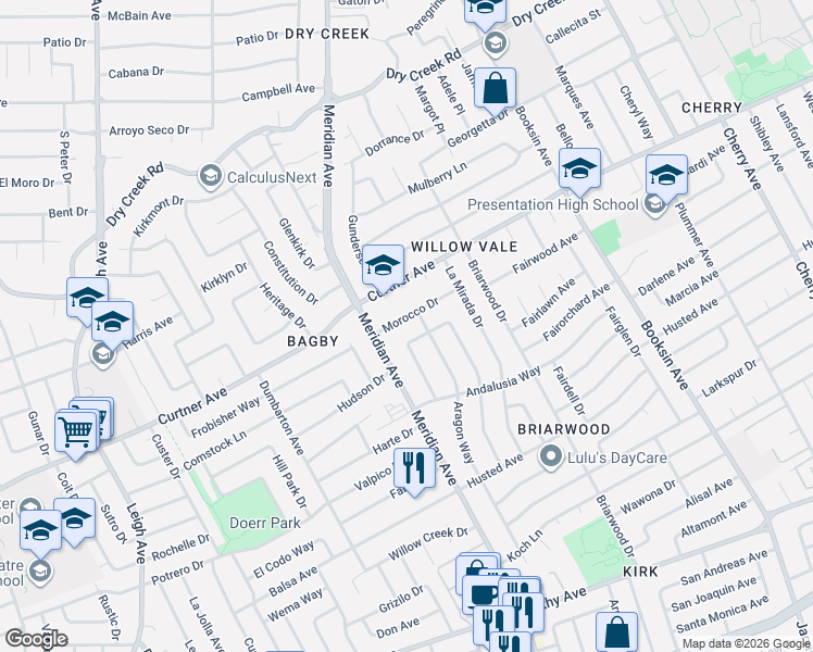 map of restaurants, bars, coffee shops, grocery stores, and more near 1718 Morocco Drive in San Jose