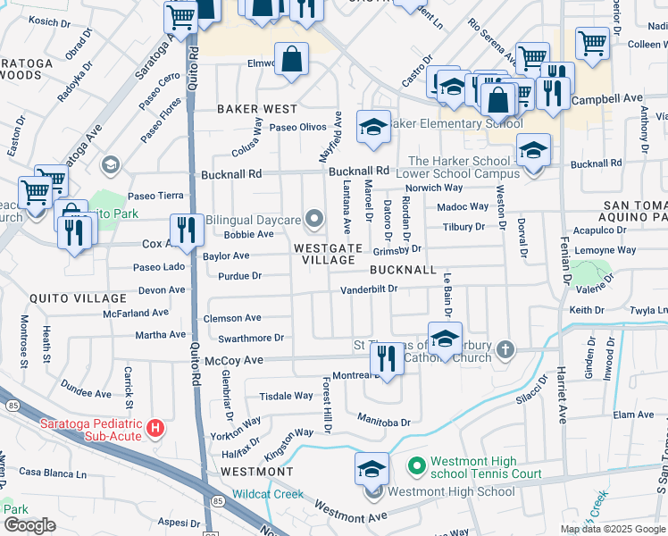 map of restaurants, bars, coffee shops, grocery stores, and more near 4930 Alex Drive in San Jose