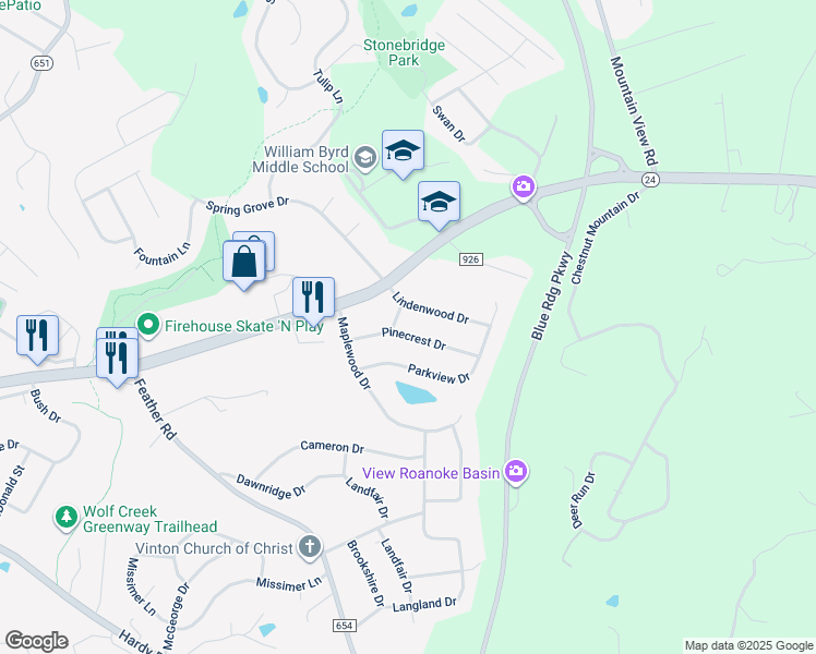 map of restaurants, bars, coffee shops, grocery stores, and more near 2614 Pinecrest Drive in Vinton