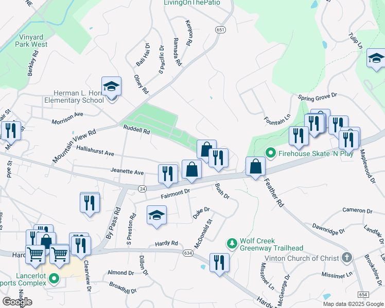 map of restaurants, bars, coffee shops, grocery stores, and more near 1239-1241 Ruddell Road in Vinton