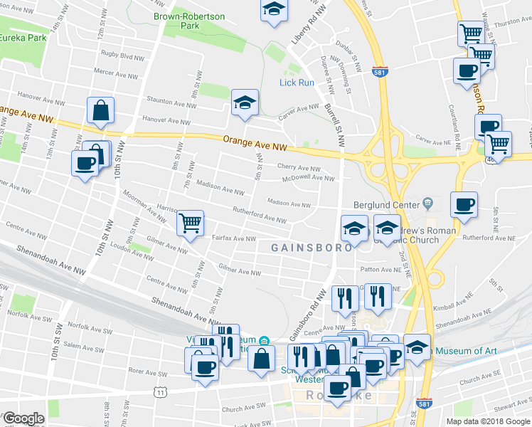 map of restaurants, bars, coffee shops, grocery stores, and more near in Roanoke