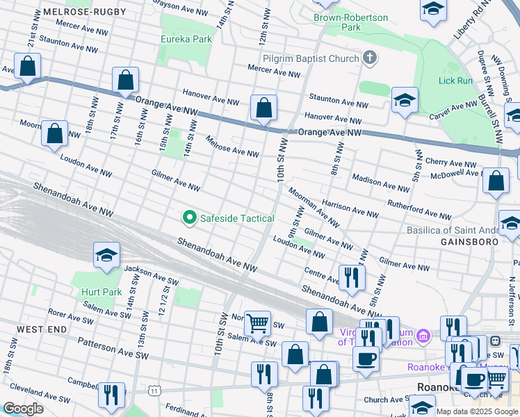 map of restaurants, bars, coffee shops, grocery stores, and more near 1017 Gilmer Ave NW in Roanoke