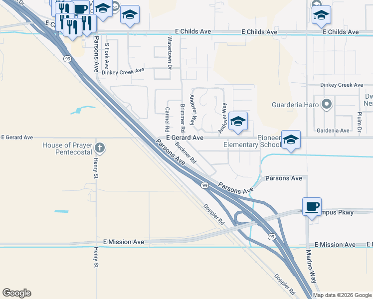 map of restaurants, bars, coffee shops, grocery stores, and more near 540 Buckner Road in Merced