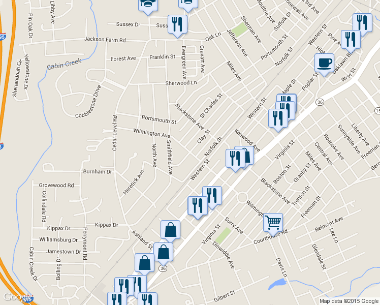 map of restaurants, bars, coffee shops, grocery stores, and more near 3400 Clay Street in Hopewell