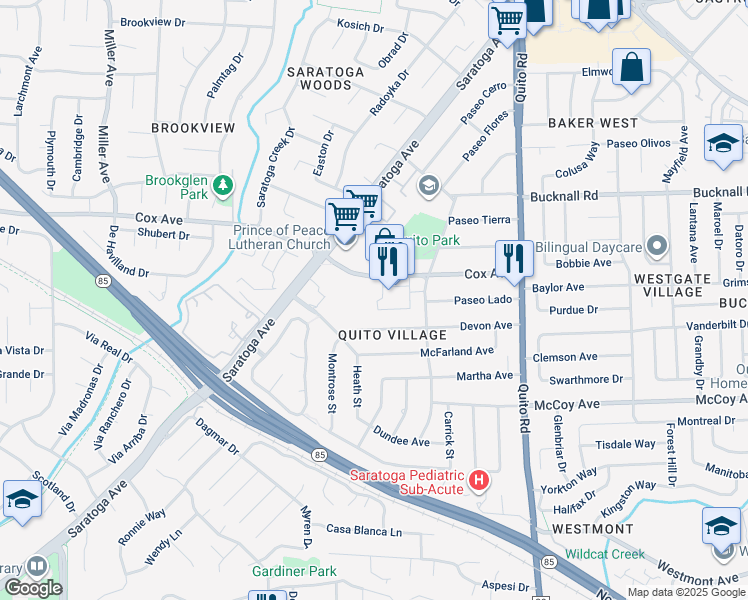 map of restaurants, bars, coffee shops, grocery stores, and more near 10750 Elm Circle in Saratoga