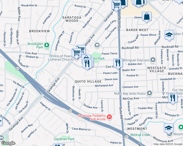map of restaurants, bars, coffee shops, grocery stores, and more near 11040 Maple Place in Saratoga