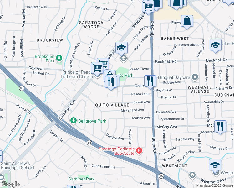 map of restaurants, bars, coffee shops, grocery stores, and more near 11050 Maple Place in Saratoga