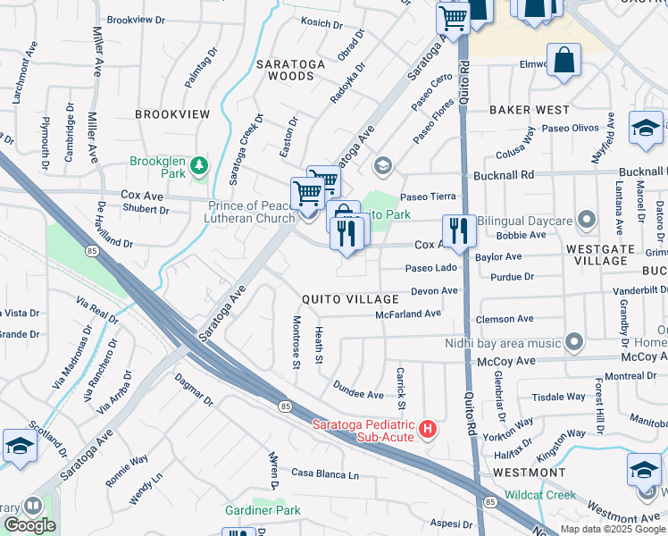 map of restaurants, bars, coffee shops, grocery stores, and more near 10750 Elm Circle in Saratoga