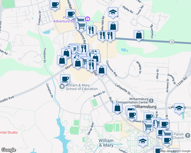 map of restaurants, bars, coffee shops, grocery stores, and more near 971 Richmond Road in Williamsburg