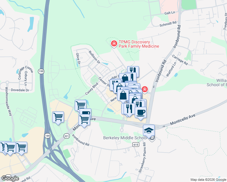 map of restaurants, bars, coffee shops, grocery stores, and more near 5211 Center Street in Williamsburg