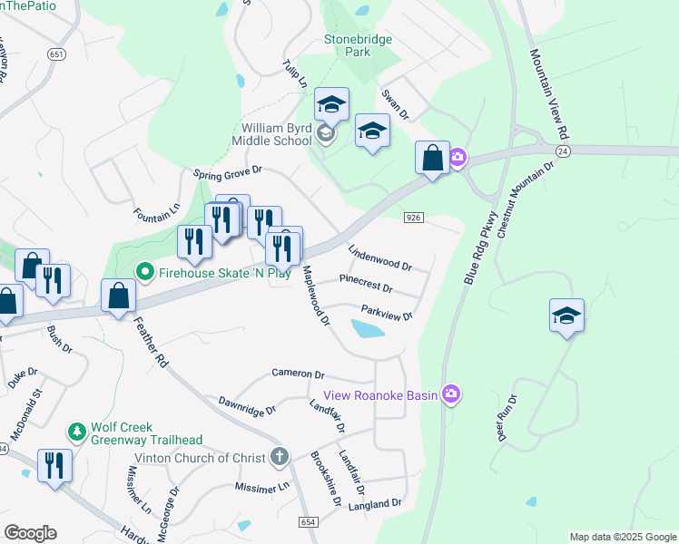 map of restaurants, bars, coffee shops, grocery stores, and more near 2534 Pinecrest Drive in Vinton