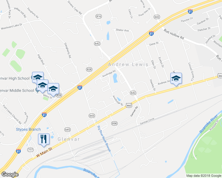 map of restaurants, bars, coffee shops, grocery stores, and more near 3716 Knollridge Road in Salem