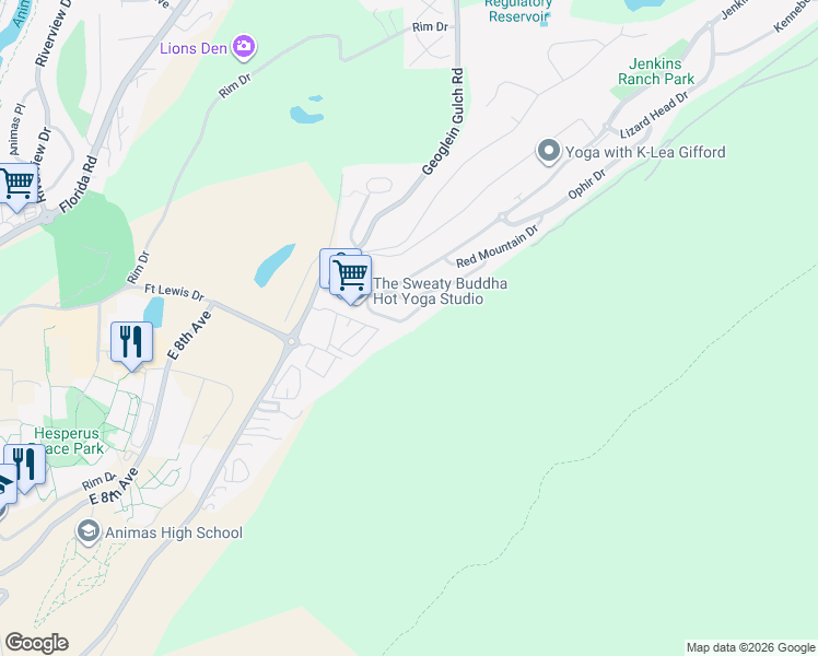map of restaurants, bars, coffee shops, grocery stores, and more near 22 Coalbank Drive in Durango