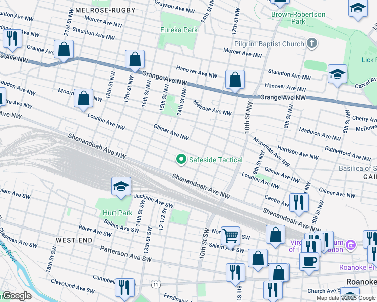 map of restaurants, bars, coffee shops, grocery stores, and more near 1227 Loudon Avenue Northwest in Roanoke