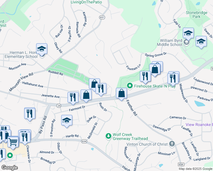 map of restaurants, bars, coffee shops, grocery stores, and more near 210 Lynn Haven Circle in Vinton