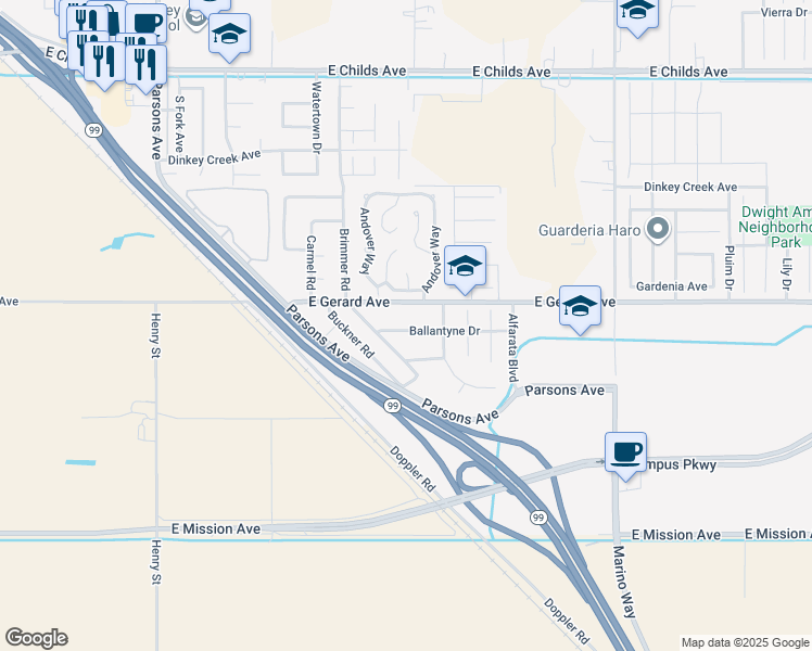 map of restaurants, bars, coffee shops, grocery stores, and more near 2548 Ballantyne Drive in Merced