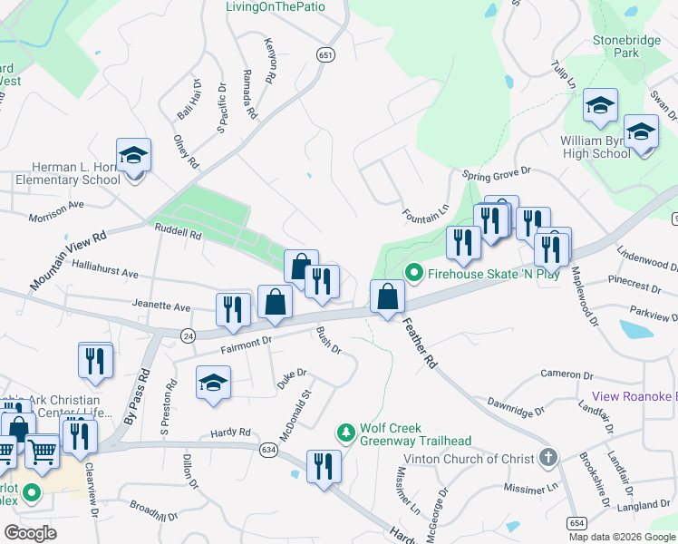 map of restaurants, bars, coffee shops, grocery stores, and more near 210 Lynn Haven Circle in Vinton