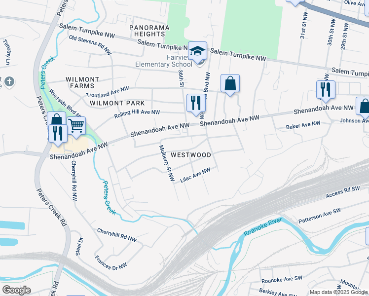 map of restaurants, bars, coffee shops, grocery stores, and more near 3605 Signal Hill Avenue Northwest in Roanoke