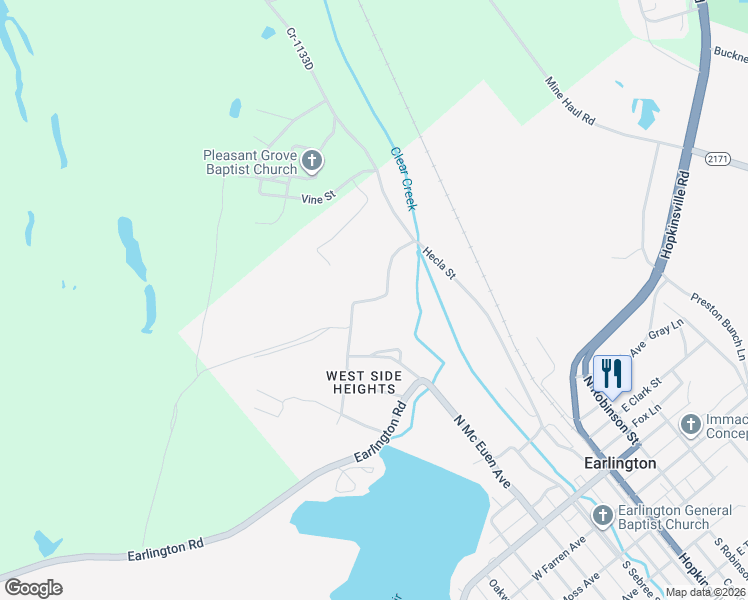 map of restaurants, bars, coffee shops, grocery stores, and more near Woodlawn Street in Earlington