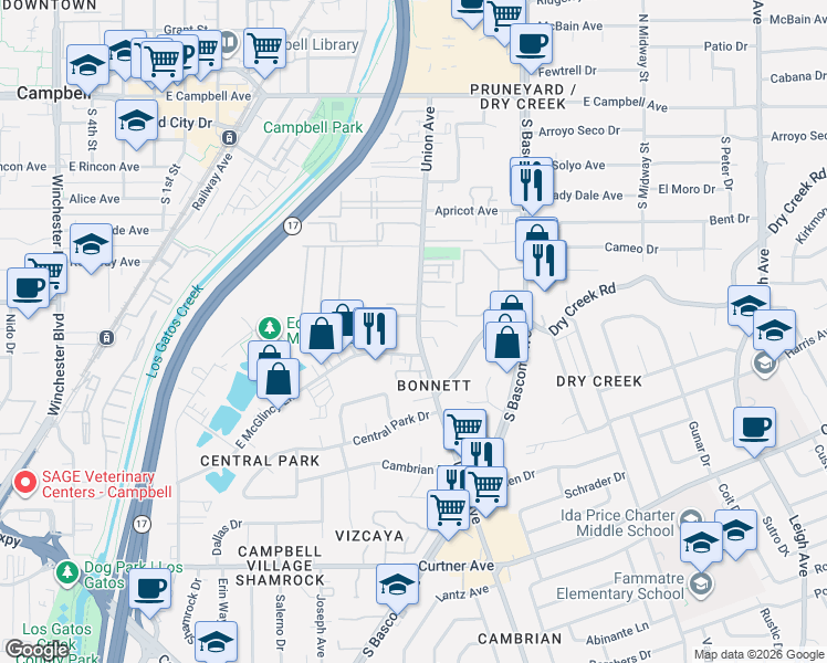 map of restaurants, bars, coffee shops, grocery stores, and more near 549 Union Avenue in Campbell