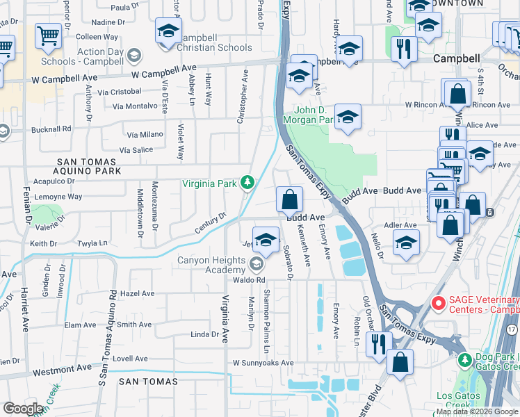 map of restaurants, bars, coffee shops, grocery stores, and more near 701 Budd Avenue in Campbell