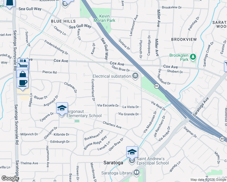 map of restaurants, bars, coffee shops, grocery stores, and more near 13062 Ten Oak Way in Saratoga