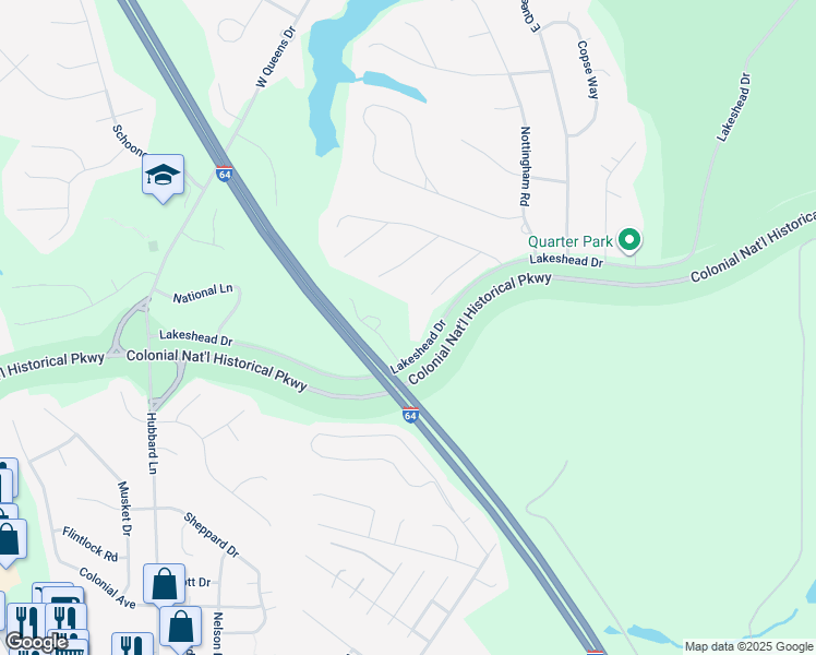 map of restaurants, bars, coffee shops, grocery stores, and more near 513 Lakeshead Dr in Williamsburg
