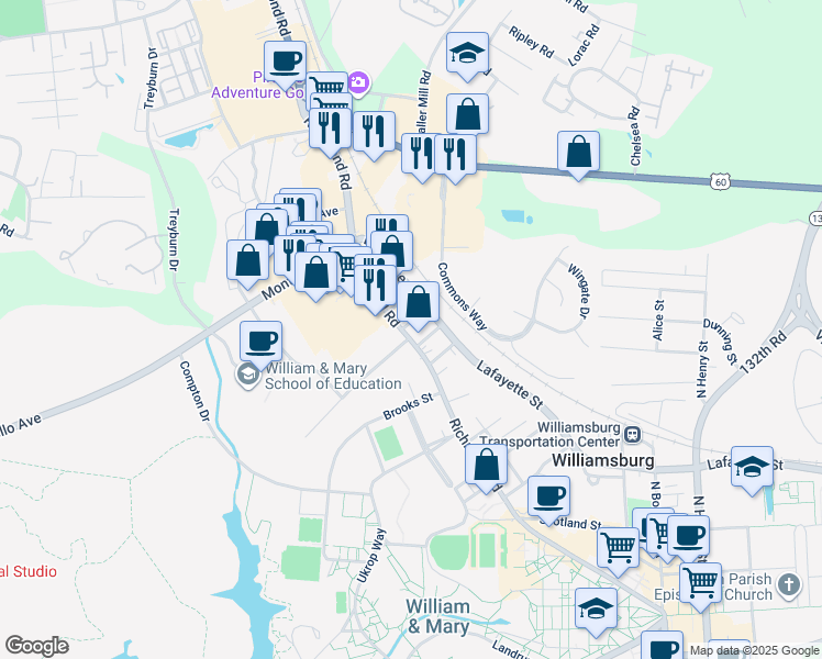 map of restaurants, bars, coffee shops, grocery stores, and more near 971 Richmond Road in Williamsburg