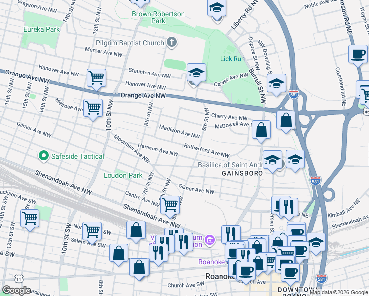 map of restaurants, bars, coffee shops, grocery stores, and more near 535 Harrison Avenue Northwest in Roanoke