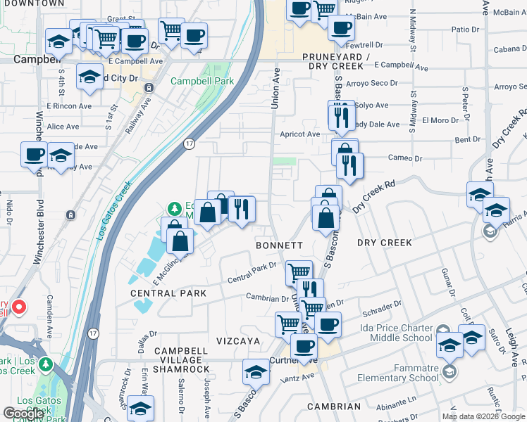 map of restaurants, bars, coffee shops, grocery stores, and more near 517 Union Avenue in Campbell