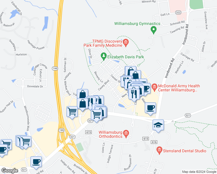 map of restaurants, bars, coffee shops, grocery stores, and more near 4643 Town Creek Drive in Williamsburg