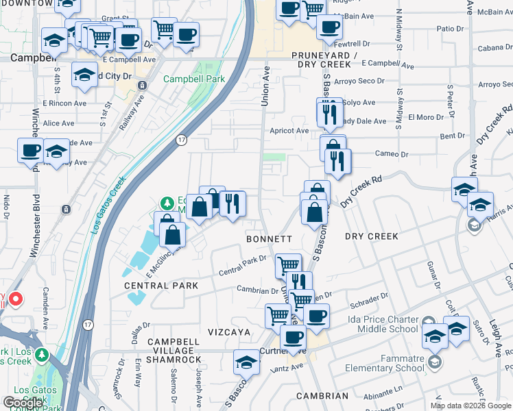 map of restaurants, bars, coffee shops, grocery stores, and more near 523 Union Avenue in Campbell