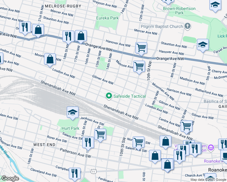 map of restaurants, bars, coffee shops, grocery stores, and more near 1227 Loudon Avenue Northwest in Roanoke