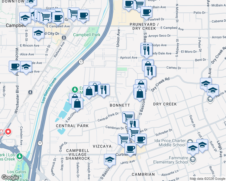map of restaurants, bars, coffee shops, grocery stores, and more near 517 Union Avenue in Campbell